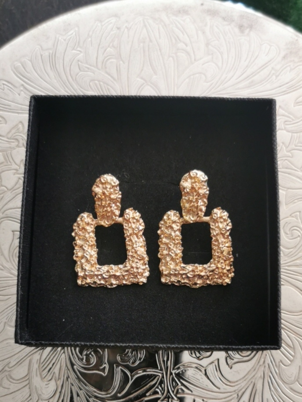 Gold Textured Square Drop Earrings - Women Jewelry
